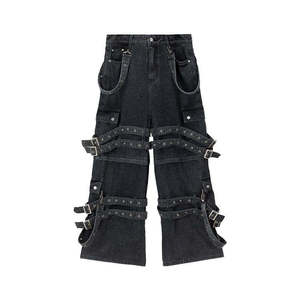 Men Wide Leg Stonewashed Denim Pants High Waist <b>Button</b> <b>Fly</b> Multiple Pockets Workwear Style 100% Cotton Canvas Midweight Autumn - Product Image 1