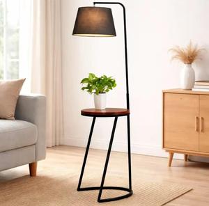 Modern Iron Floor Lamp with Wood Table Top Black Fabric Drum Shade Adjustable <b>Standing</b> Light for Bedroom - Product Image 2