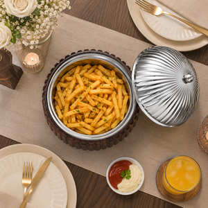 Casserole isotherme à double paroi en acier inoxydable de qualité supérieure avec base en bois nervuré, bol de service de qualité alimentaire pour la maison - Product Image 5