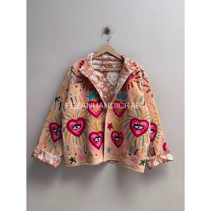 Women's Embroidered Fleece <b>Jacket</b> With Heart Eye <b>Pattern</b> Stand Collar Zipper Closure Autumn Wear - Product Image 1