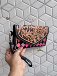Nuevo Estuche para Teléfono Tipo Clutch de Cuero Estilo Occidental, Hecho a Mano, con Diseño a Cuadros Rosa, Cartera Vintage de Cuero Genuino para Mujer - Product Image 2