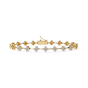 Elegante Brazalete de Oro Amarillo de 14K para Mujer con Diseño Étnico Floral y Diamantes, con Motivos de Flores de Cuatro Pétalos Hechos a Mano - Product Image 1