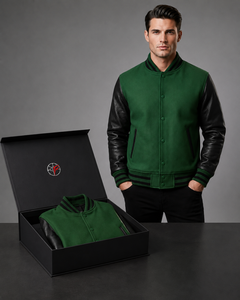 Premium Quality Men Green Varsity <b>Jacket</b> With PU <b>Leather</b> Sleeves Embroidered Logo Front Button Closure Casual Varsity <b>Jacket</b> - Product Image 5