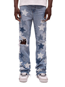 Jean en denim pour homme 2026 de haute qualité, coupe évasée, délavé bleu, avec patchs, effet usé, style streetwear hip-hop Y2K, OEM ODM, en coton - Product Image 2