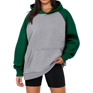 Sweat-shirt à capuche pour femme, color-block gris-vert, manches raglan, coupe oversize, en mélange de coton tricoté respirant, pour l'automne, style décontracté - Product Image 3