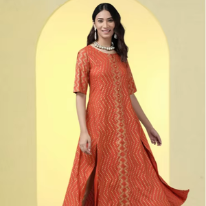 Kurta Anarkali en rayonne à imprimé zig-zag, grande taille, courte, orange, pour femme, séchage rapide, tenue décontractée d'été - Product Image 1