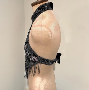COTTON COUTURE <b>Women's</b> <b>Black</b> Beaded Halter <b>Top</b> Sequined Fringe <b>Crop</b> Camisole Sleeveless Scoop Neck Satin Clubwear - Product Image 4