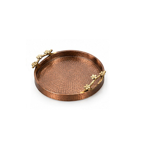 Plateau de rangement rond en bois avec incrustation de marbre et poignées en forme de branche dorée, design minimaliste pour utilisation sur table, à un seul niveau - Product Image 2