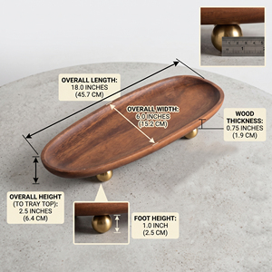 Elegante bandeja ovalada de madera con una textura suave y rica, elevada sobre elegantes patas esféricas de metal, ideal para la decoración del hogar. - Product Image 3