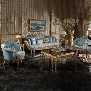 ชุดโซฟาห้องนั่งเล่นดีไซน์ฝรั่งเศสทรงสี่เหลี่ยม ทำจากไม้มะฮอกกานีเนื้อแข็ง แกะสลักด้วยมือ หุ้มเบาะอย่างหรูหรา เฟอร์นิเจอร์คุณภาพสูง ผลิตในอินโดนีเซีย - Product Image 1