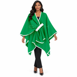 Cosh International Sorority Sisterhood Green Asymmetric Poncho V-Neck Batwing Sleeve Long <b>Cloak</b> With White Trim And Bow Closure - Product Image 1