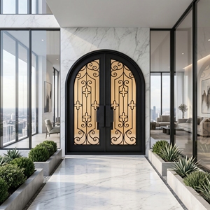 Puerta Doble de Entrada de Hierro Forjado Moderna y de Lujo, con Arco Superior y Diseño de Espiral, Resistente al Agua, Abatible, para Uso Exterior - Product Image 3