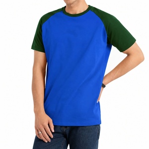Men's Blue Green Raglan Sleeve O-Neck Regular Fit Spandex Jersey Eco-Friendly T-Shirt Solid Color Casual Style Contrast <b>Trim</b> - Product Image 1