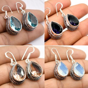 Vintage 925 Silver Pear Cut Crystal Drop <b>Earrings</b> For Women Everyday Wear Bezel Setting Water Drop Shape Green Blue Black Colors - Product Image 5