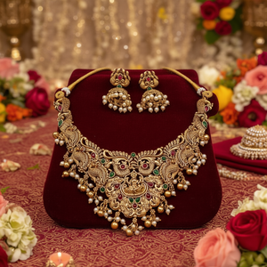 Parure de bijoux fins pour femme, plaquée or traditionnelle, avec pierres Pota et perles, collier de temple pour mariages et fêtes - 10575300PGR - Product Image 3