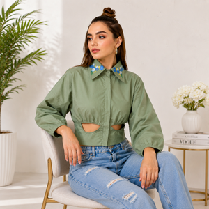 Women's Green Cotton Poplin Floral Print Embroidered Cut-Out <b>Balloon</b> Sleeve Crop Blouse Mandarin Collar Casual Spring Summer Top - Product Image 6