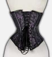 Corset pour femme en similicuir noir avec broderie florale noire et violette, boucle argentée sur le devant, sous-bustier sculptant, à baleines en acier