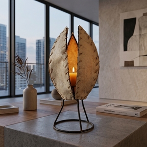 Handcrafted Indonesian Goat Leather Flower Bud Candle Holder Rustic Tabletop Lantern Home Living Ambient <b>Lighting</b> Accent - Product Image 5