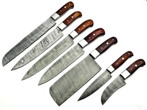 Ensemble de couteaux de chef en acier Damas forgé à la main, 6 pièces, manche en bois, style japonais, couteaux de cuisine à lame pleine, manche en bois rouge et sac - Product Image 6