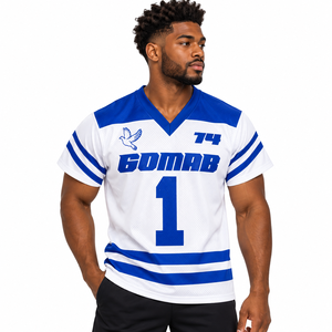Maillot de football GOMAB 74 pour homme, noir et violet, à manches courtes, col en V, avec numéro 1, logo colombin, manches rayées, personnalisable - Product Image 1