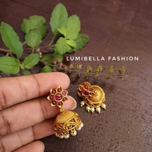 Ruby Small Jhumka Earrings-Gold Plated Brass Ethnic Charm Earrings with Zircon Amethyst & Pearl for Wedding - Product Image 2