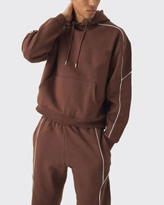 Men's Brown Hooded Sweatshirt Set With <b>White</b> Stripe Casual Autumn Wear FRENCH TERRY 100% Cotton Printed Logo Front - Product Image 5