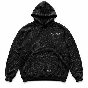Sudadera Deportiva Personalizada con Capucha, de Felpa, 320 GSM, Negra, con Estampado Topográfico en Toda la Superficie, de Algodón y Poliéster, con Logotipo en el Pecho - Product Image 1