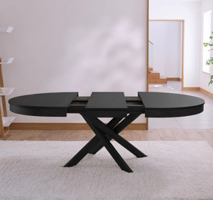 Juego de Mesa de Comedor Redonda Moderna de Madera de Teca Sólida con Acabado Negro y Base Cruzada con Sillas Tapizadas Contemporáneas - Product Image 2