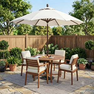 Outdoor Teak Garden Set Round Patio <b>Table</b> and Chairs <b>Umbrella</b> Furniture for Hotel Park Balcony - Product Image 4