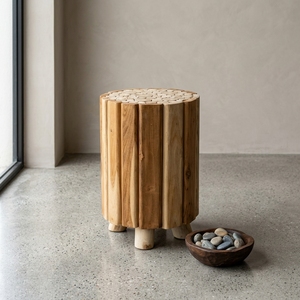 New Modern Minimalist Skena Fill Wooden <b>Stool</b> Natural Solid Teak Branch Mosaic Top Round Side Accent <b>Table</b> Living Room Patio - Product Image 2