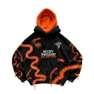ACCEPT INDUSTRY Trending Men's Oversized <b>Hoodie</b> Black <b>Orange</b> Rhinestone Streetwear Style FRENCH TERRY Autumn Wear <b>Hoodie</b> - Product Image 1
