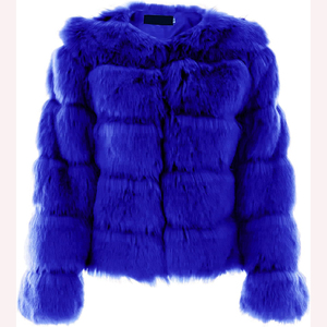 Chaqueta de Piel Sintética Azul para Mujer, Gruesa, Corta, con Cuello Redondo, Diseño Sólido y Ecológico, Estilo Patchwork - Product Image 3
