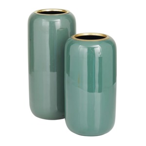 Ensemble de 2 vases en métal vert élégants, parfaits pour la décoration de table et la présentation de décoration intérieure contemporaine, en provenance d'Inde. - Product Image 1