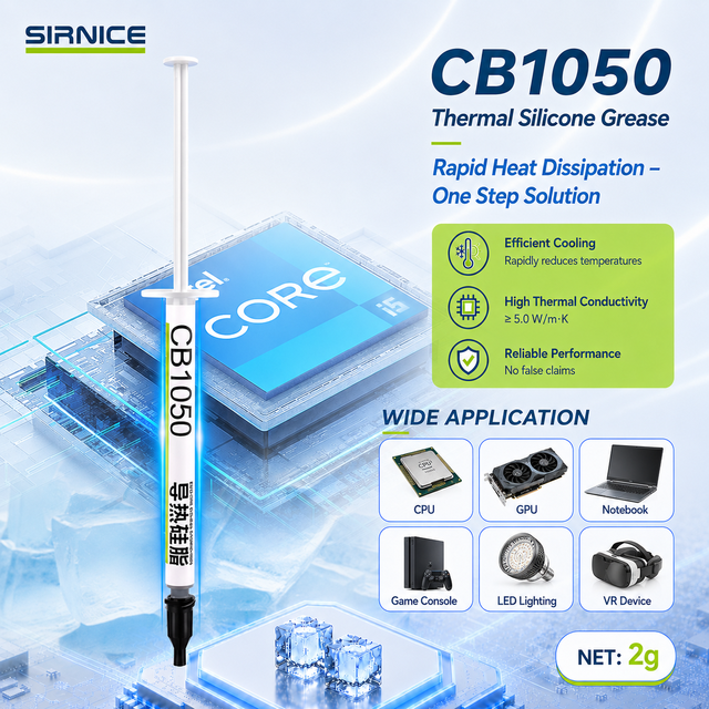 SIRNICE CB1050 Thermal Interface Material 5.0 W/m K Solvent-Free Silicone Grease GPU Cooling Paste for Transportation 2g/4g/10g