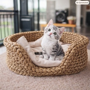 Buff Round Bamboo Handcrafted 100% Cotton Soft Woven Minimalist Modern Cat <b>Bed</b> Indoor Space-Saving <b>Storage</b> Basket 4-5L - Product Image 1