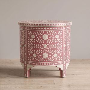 Mesa de Noche Redonda Hecha a Mano con Incrustaciones de Hueso Rosa, 2 Cajones, Patrón Floral, Mueble de Dormitorio de Lujo - Product Image 2