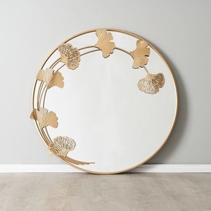 Espejo de Maquillaje Redondo de Latón para Pared con Diseño de Hoja de Ginkgo, Marco Decorativo Estilo Shabby Chic, Soporte Ajustable, No Requiere Electricidad - Product Image 1