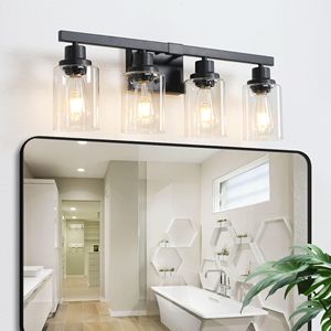 Applique da Parete Industriale Moderna Nera da 24 Pollici a 4 Luci per Bagno con Paralumi in Vetro Trasparente, Specchio e Illuminazione per Vanità - Product Image 1