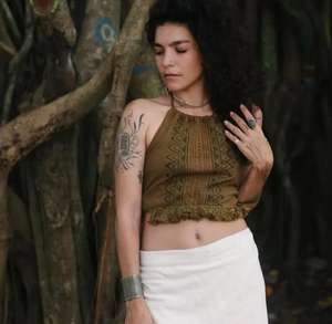 Olive <b>Green</b> Handcrafted Cotton <b>Halter</b> Neck Crop <b>Top</b> with Sanganeri Block Print Boho Artisanal Tribal Geometric Pattern - Product Image 3