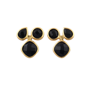 Boucles d'oreilles clous vintage en onyx noir à motif damier, triple pierre précieuse, laiton plaqué or 18 carats, minimalistes, tendance, légères, cadeau pour femme - Product Image 1