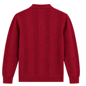 Crimson <b>Red</b> Mens <b>Long</b> <b>Sleeve</b> Knitted Polo Shirt Vertical Textured Pattern Ribbed Hem Casual Smart Pullover Fashion <b>Top</b> - Product Image 2
