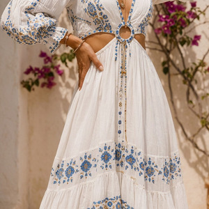 Robe longue bohème élégante à manches bouffantes, respirante, tissée, anti-boulochage, pour l'été - Product Image 6