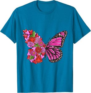 Camiseta de verano con estampado floral de mariposas inspirada en la naturaleza, cuello redondo suave, uso diario, arte elegante de mariposas y crisantemos - Product Image 1