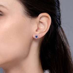 Blue Sapphire <b>Stud</b> <b>Earrings</b> Halo Diamonds 14kt White Gold with Minimalist Prong Setting Wedding Jewelry Gift for Women - Product Image 3