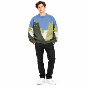 Pull en tricot surdimensionné pour homme, motif chat bleu vert, imprimé animal cartoon, col rond - Product Image 1