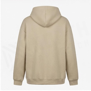 Oversized <b>Quilted</b> <b>Hoodie</b> Men Beige Embroidered Logo Front Pocket Casual Autumn Wear - Product Image 2
