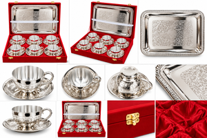 Stainless Steel <b>Tea</b> <b>and</b> Coffee Set with Engraved <b>Cups</b> <b>Saucers</b> <b>and</b> Serving Tray in Luxury Gift Box for Wholesale Buyers India - Product Image 5