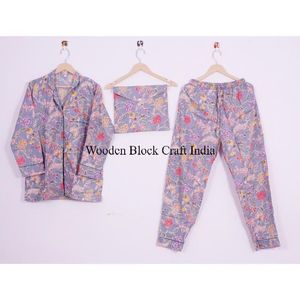 Ensemble de pyjama en coton indien imprimé à la main, vêtements de nuit élégants et tendance pour femmes et hommes, respirant, 100% coton pour l'été - Product Image 6