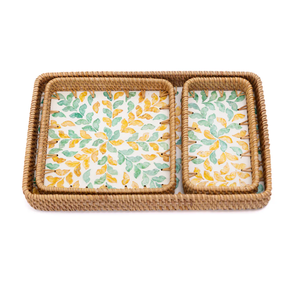 Bandeja Rectangular de Ratán de Vietnam con Incrustaciones de Madreperla y Hojas Tropicales, Elegante Plato para Servir Comida, Café y Pasteles, Venta al Por Mayor - Product Image 1
