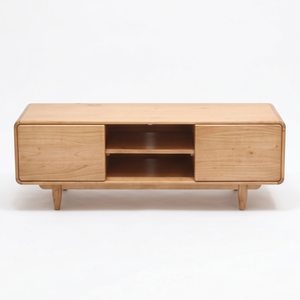 Meuble TV en teck massif, console multimédia minimaliste, meuble de salon, centre de divertissement en bois - Product Image 1